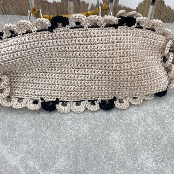 Handmade Crocheted Aluminum Soda Pop Top Bamboo Handles Purse Handbag Tan Black - Picture 10 of 12